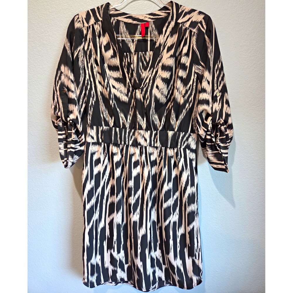 5/48 S Black/Beige Animal Print V-Neck 3/4 Sleeve Mini Dress Pockets, Belt
